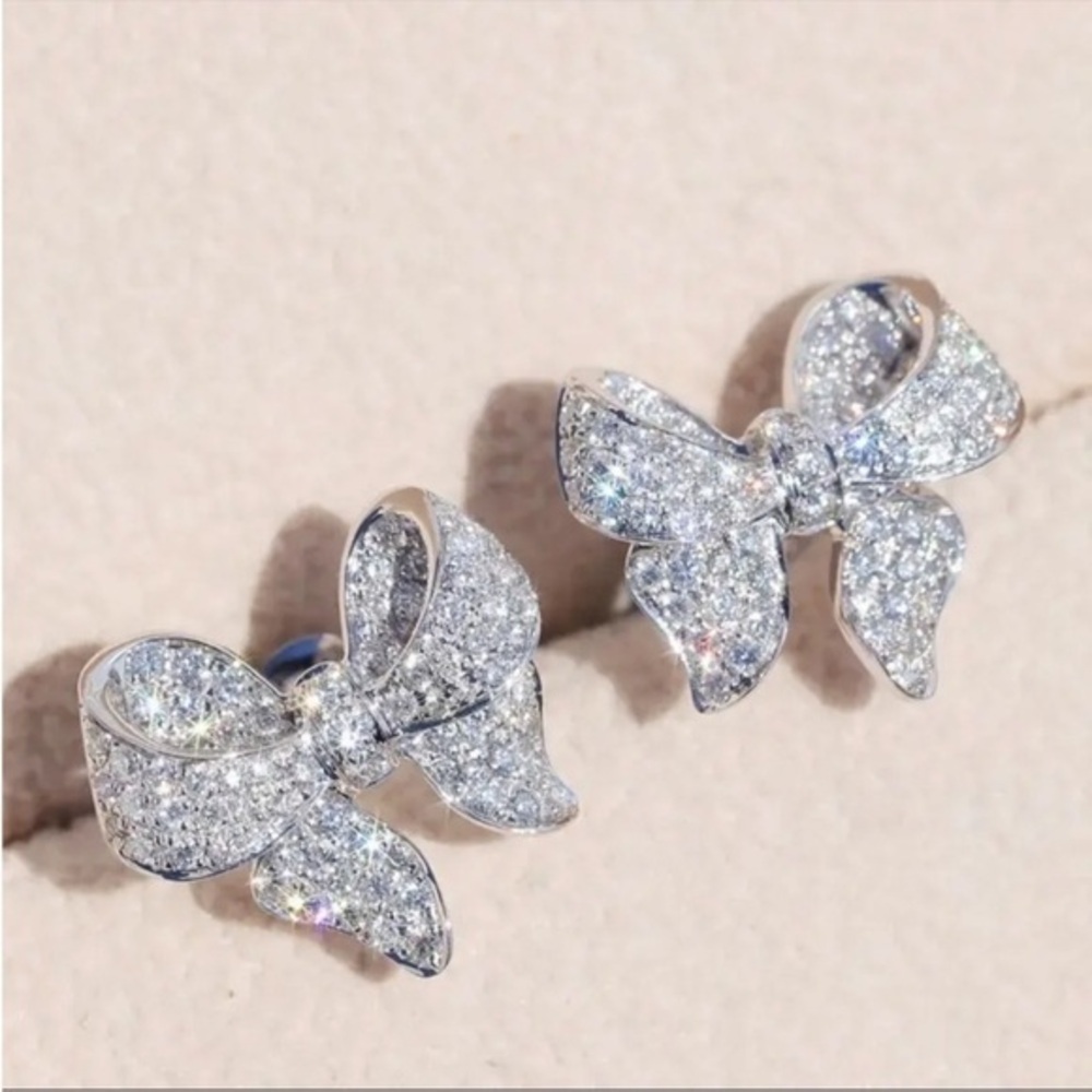 Diamond Bow Stud Earrings 14K White Gold Plated CZ Sparkle NWT